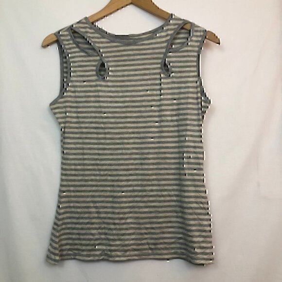 NEW NWT MAX STUDIO Striped Cutout Tank Top Gray Cream Beige Sleeveless Rayon SM - Picture 3 of 6